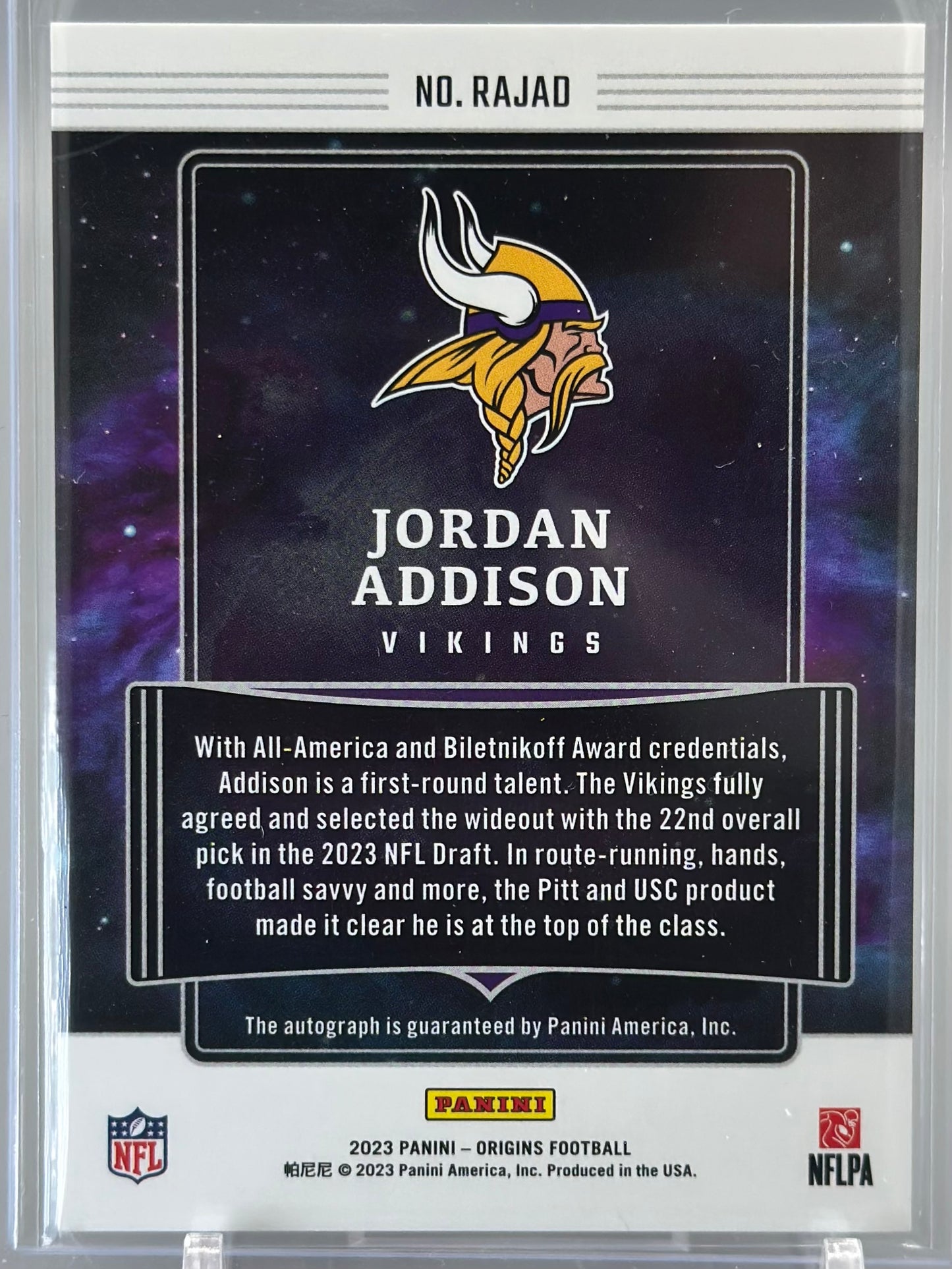 Jordan Addison 2023 Panini Origins Rookie Autos Red /99 #RA-JAD RC