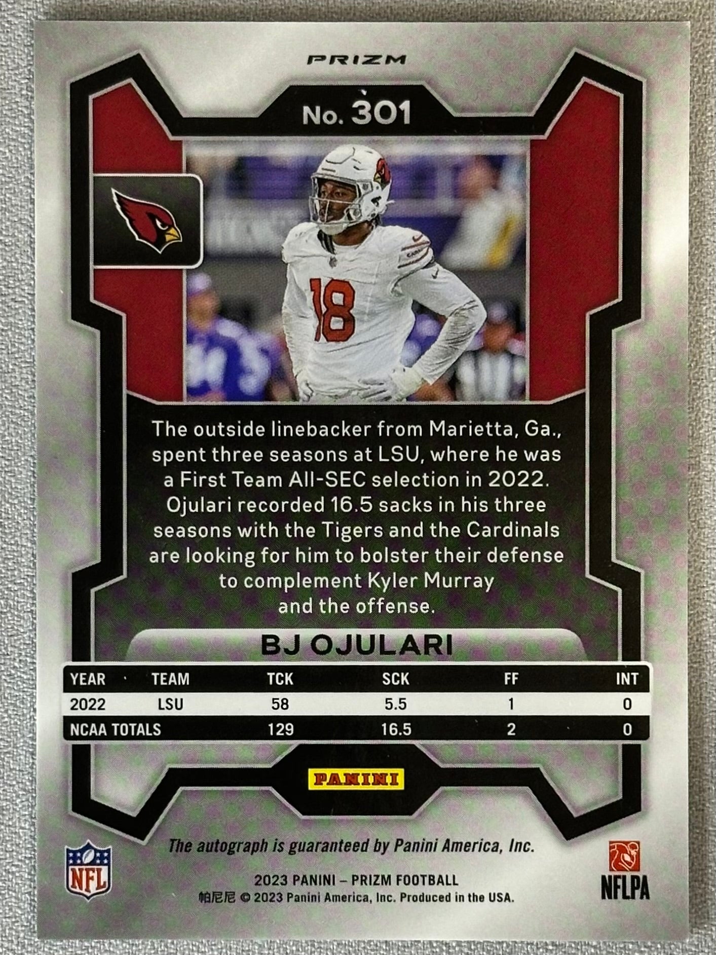 2023 Panini Prizm BJ Ojulari Rookie Auto Silver #301 RC