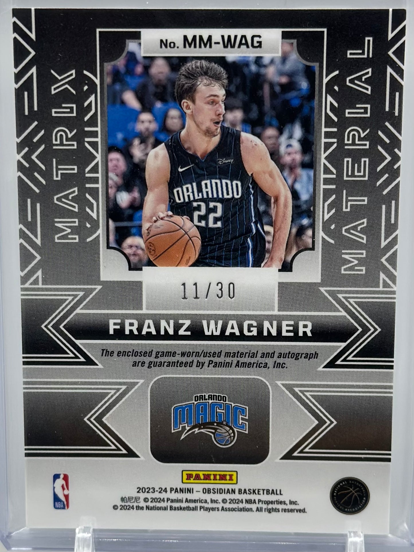 Franz Wagner 2023 Panini Obsidian Matrix Material Auto Purple Flood /30 #MM-WAG