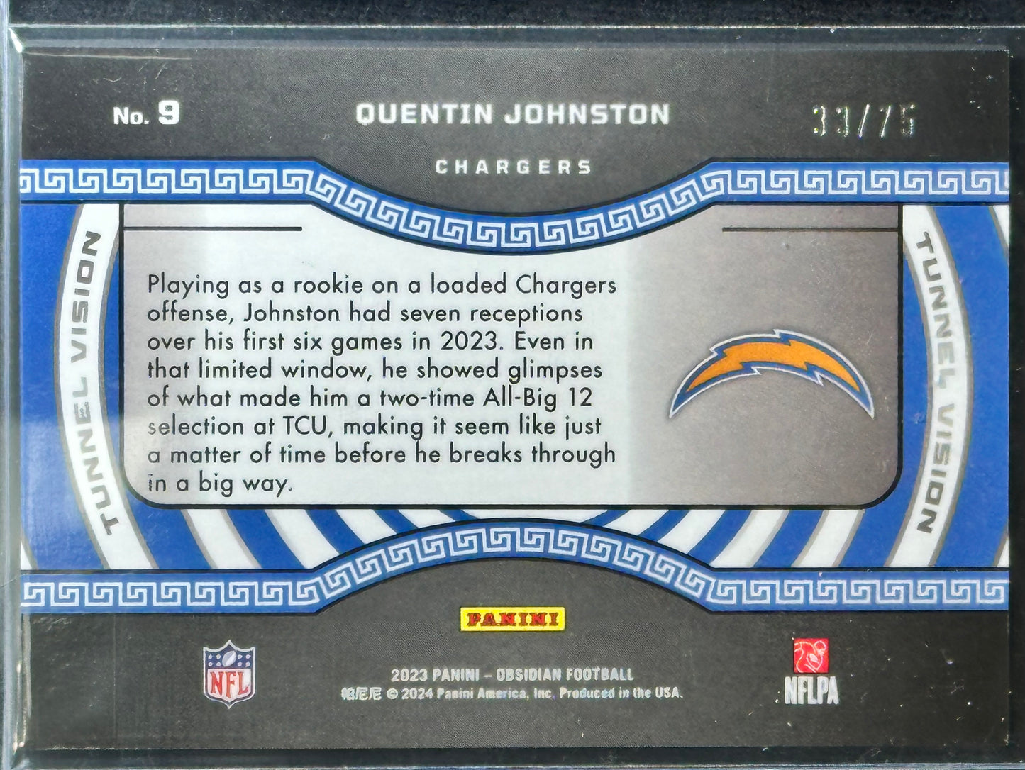 Quentin Johnston 2023 Panini Obsidian Tunnel Vision Purple /75 #9