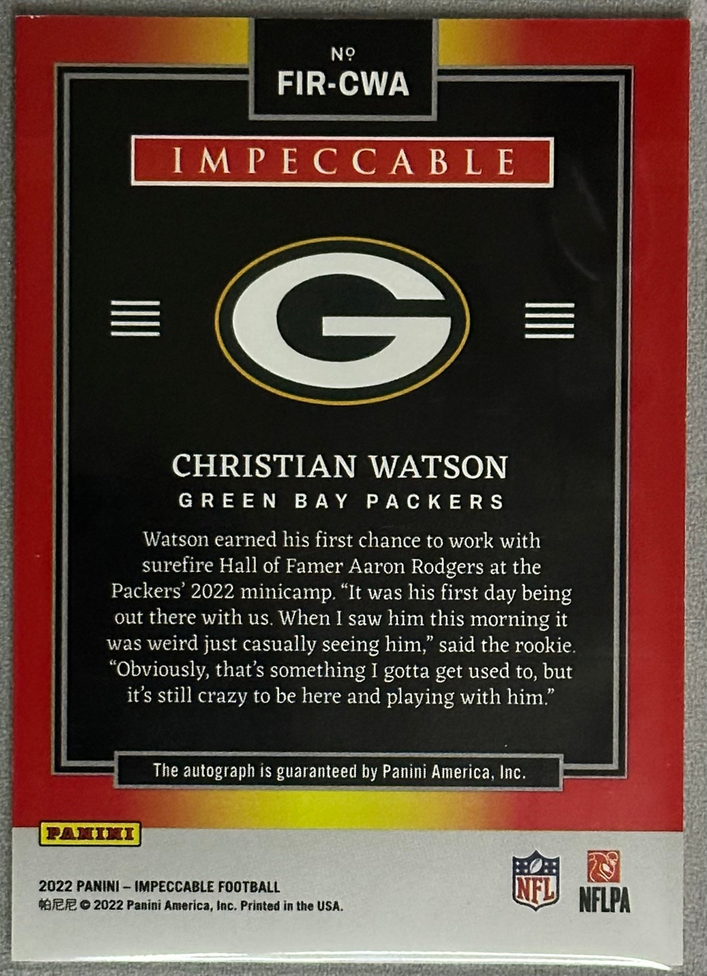 Christian Watson 2022 Panini Impeccable Firestarter Auto /50 #FIR-CWA RC