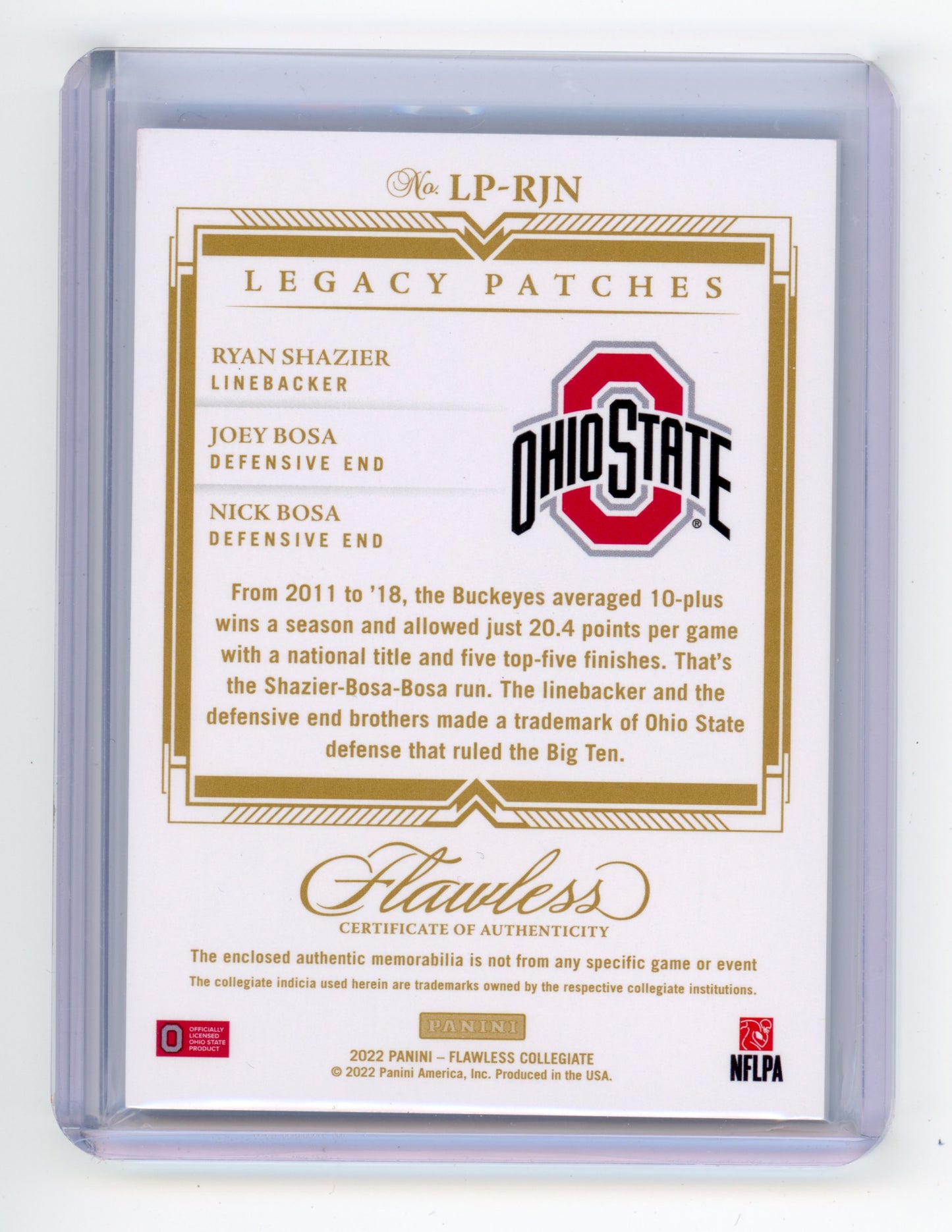 2022 Panini Flawless Collegiate Shazier Bosa Legacy Patches Ruby 04/20 #LP-RJN