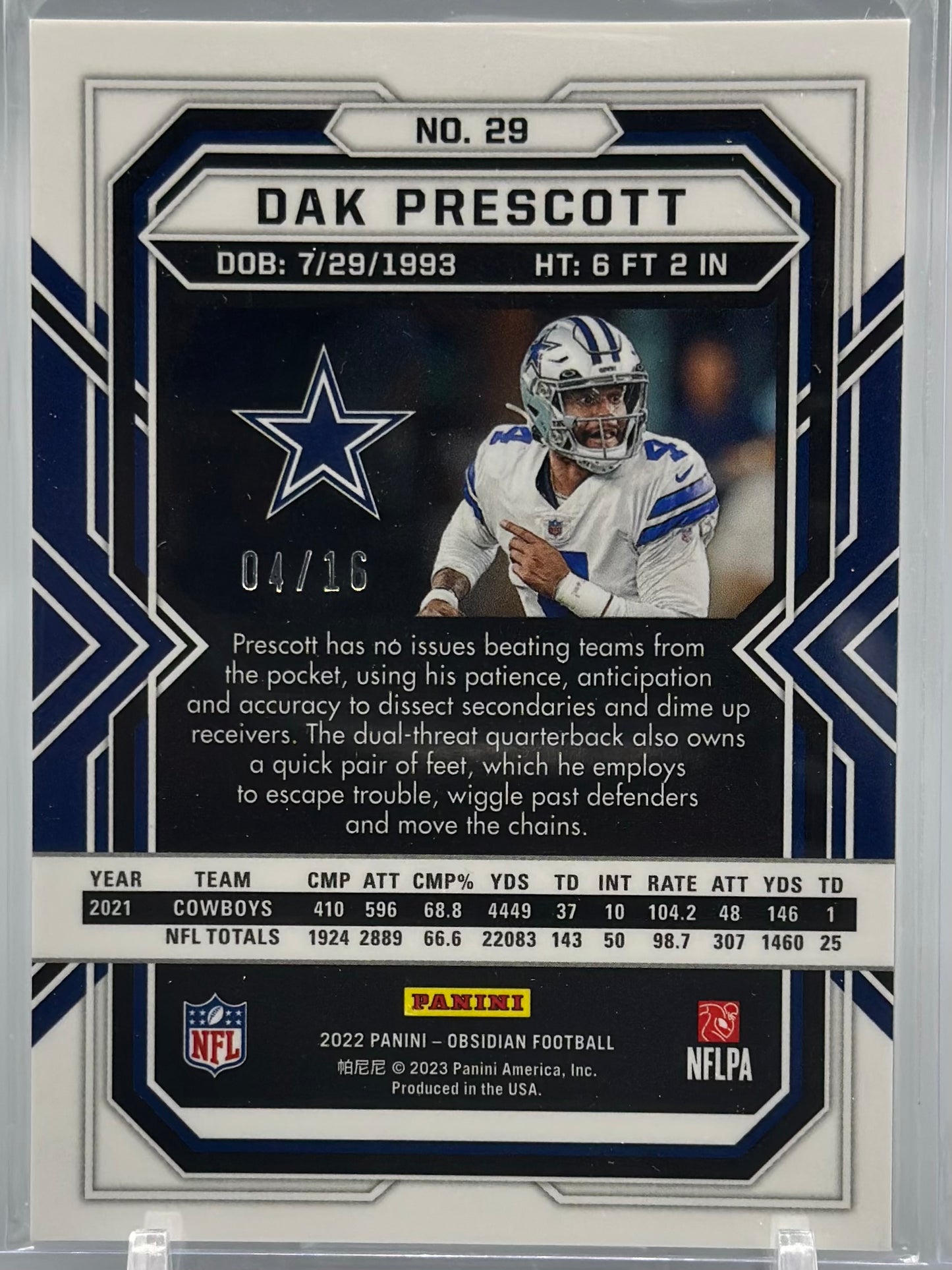 Dak Prescott 2022 Panini Obsidian Purple Flood /16 #29