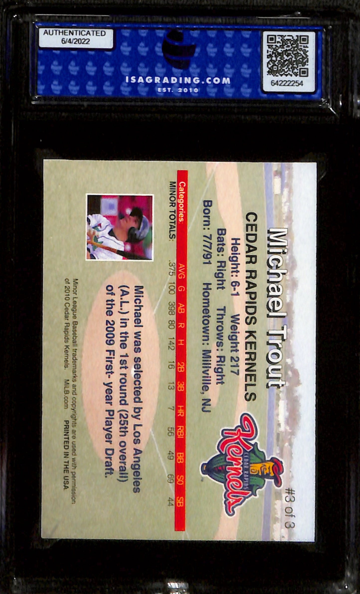 2010-11 Milb Cedar Rapids Kernels Mike Trout Rising Alumni #3 ISA 10