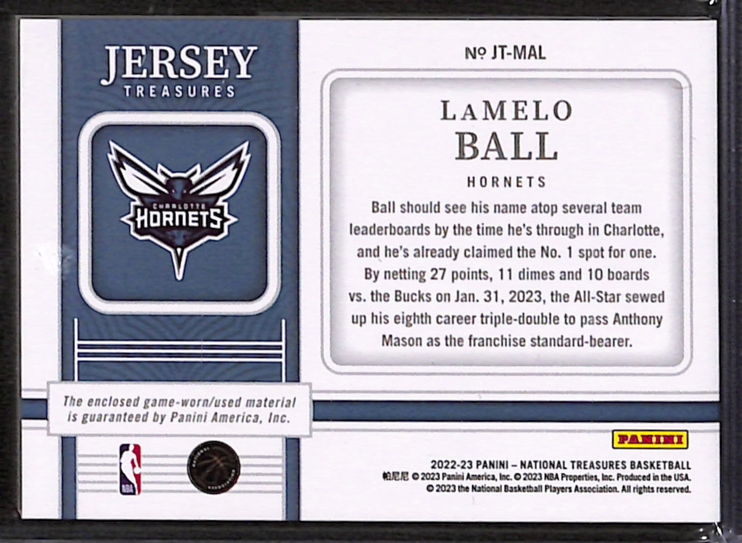 2022-23 National Treasures Lamelo Ball Jersey Treasures /99 #JT-MAL