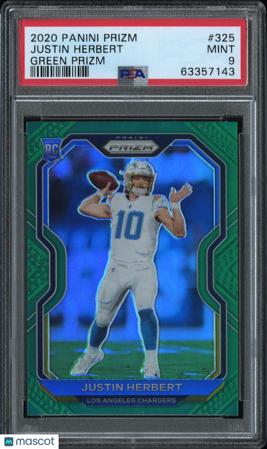 2020 Panini Prizm Justin Herbert Green Prizm #325 PSA 9