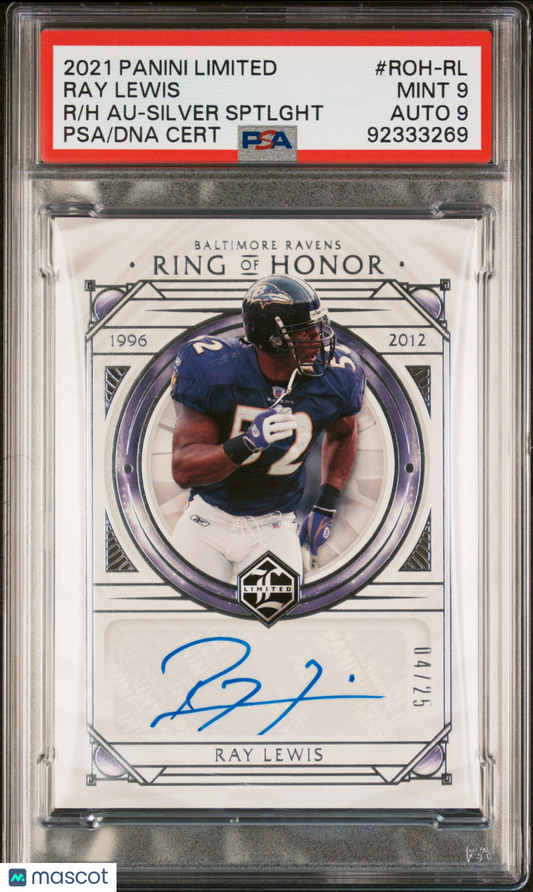 Ray Lewis 2021 Panini Limited Ring Of Honor Auto Silver Spotlight /25 PSA 9