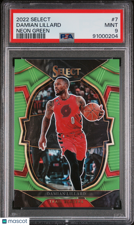 Damian Lillard 2022 Panini Select Neon Green /75 #7 PSA 9