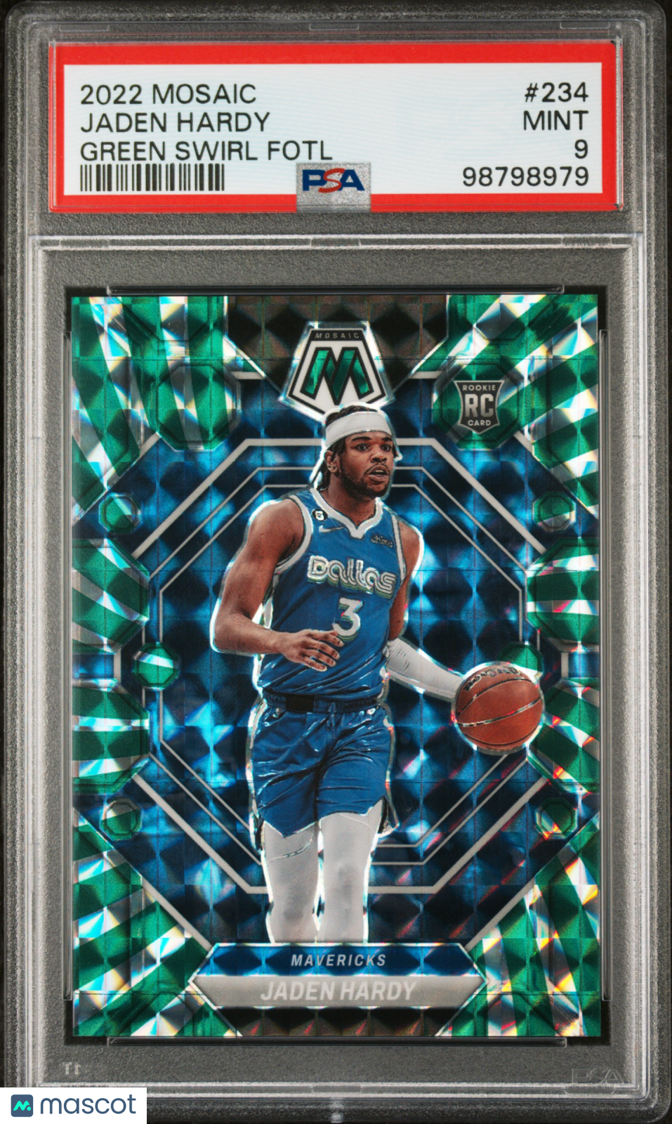 2022 Panini Mosaic Jaden Hardy Green Swirl FOTL /5 #234 RC PSA 9