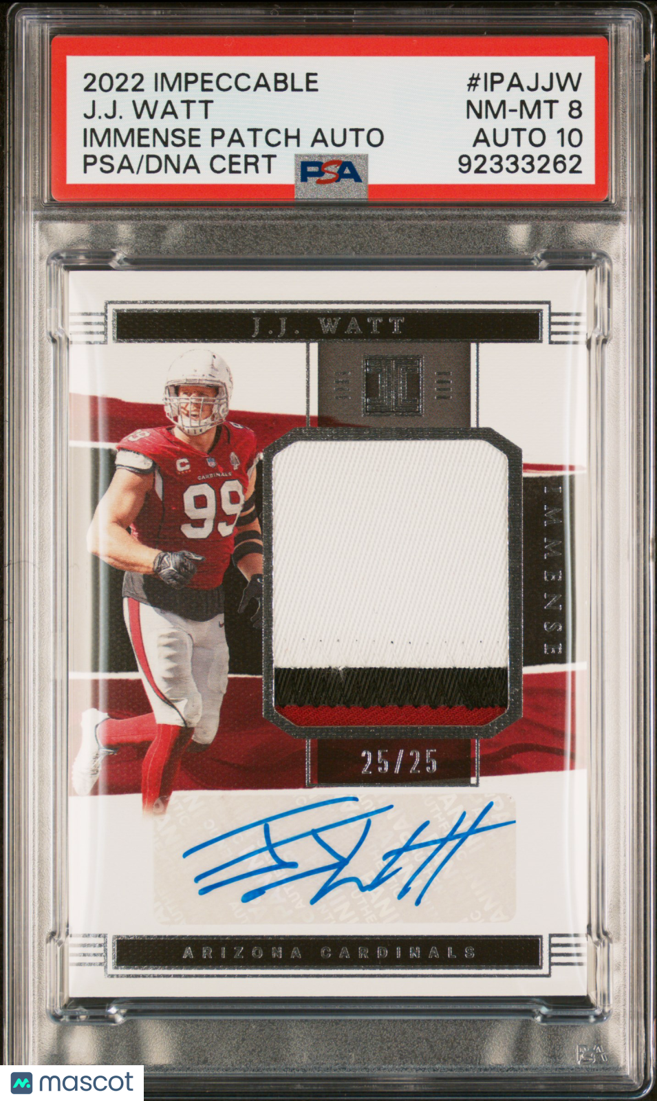 2022 Panini Impeccable J. J. Watt Immense Patch Auto /25 #IPAJJW PSA 8/10