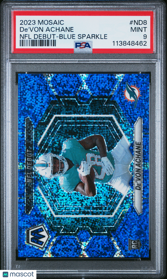 2023 Panini Mosaic De'von Achane NFL Debut Blue Sparkle 38/96 RC #ND8 PSA 9