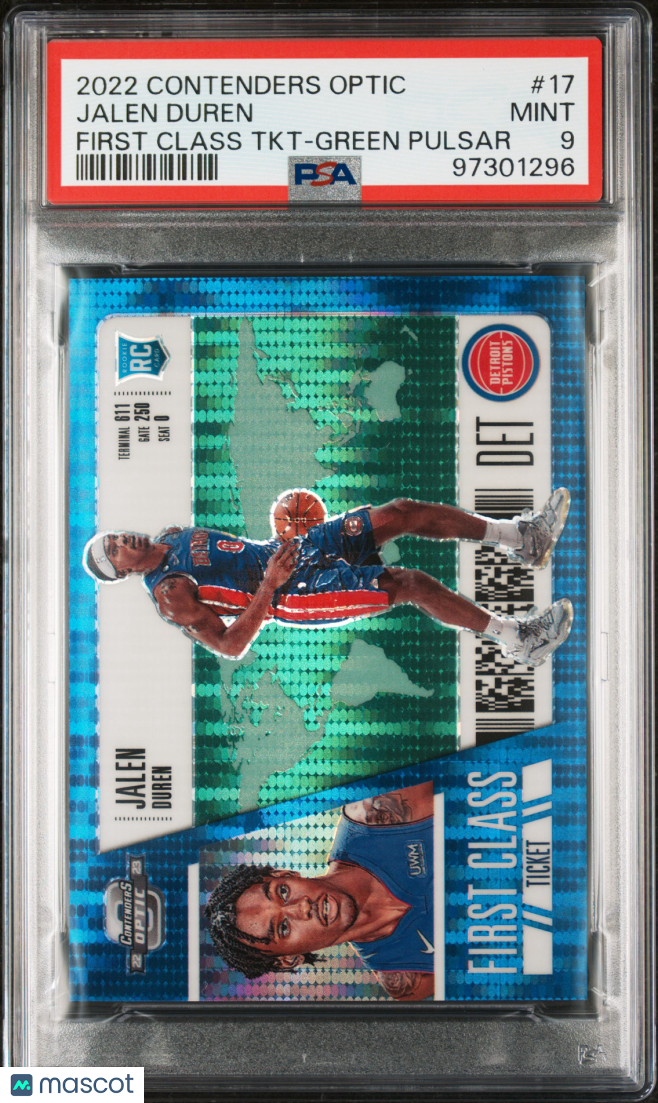 Jalen Duren 2022 Contenders Optic First Class Ticket Green Pulsar /25 PSA 9 RC