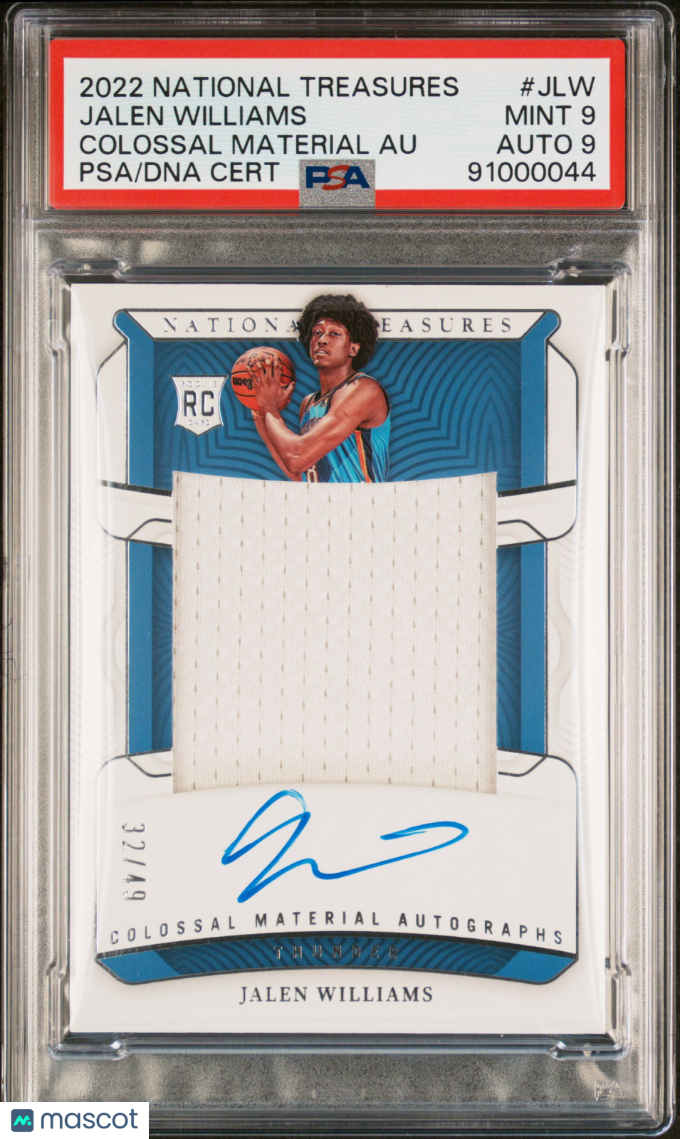 2022 National Treasures Jalen Williams Colossal Material Autos /49 #JLW PSA 9