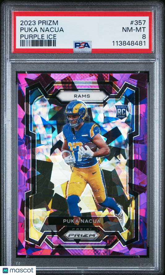 2023 Panini Prizm Puka Nacua Purple Ice 018/225 RC #357 PSA 8